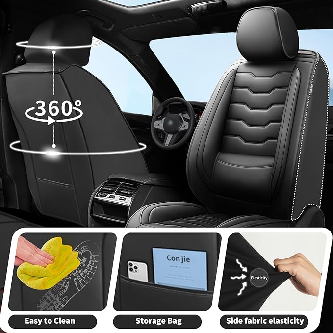 Fit Versa Car Seat Covers Compatible with Nissan Versa 2008-2025 2026 - Full Set Premium Leather， Waterproof Breathable， All-Weather Seat Cushion Protecto&Airbag Compatible（Full Set,Black