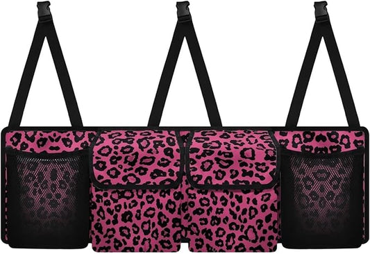 Trendy Car Trunk Organizer Pink Leopard Print Sturdy Back Seat Car Organizer for Women Girls Trunk Storage Bag with Extra Storage Space for SUVs,Trucks,Vans