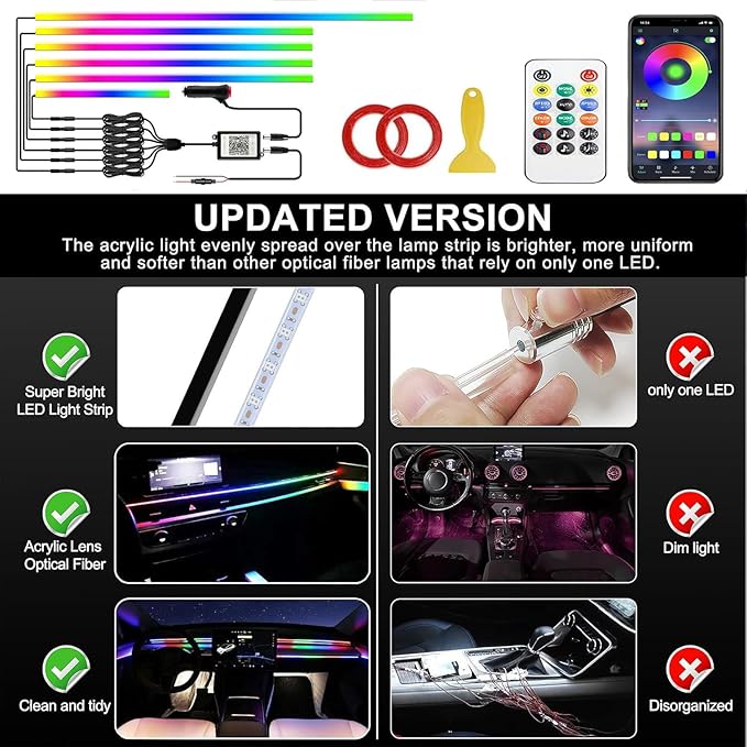 Interior Car LED Strip Lights,Acrylic LED Lights for Car with Dynamic Dreamcolor Chasing,175 inches 6 in 1 RGB Neon Strip Fiber Optic Ambient Lighting Kits with Remote APP, for Inside car Decorations