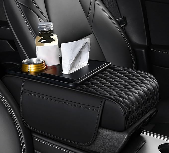 Car Armrest Center Console Cover for Genesis GV70 2021–2025, Center Console Pad with Cup Holder, Multifunctional Armrest Cushion,B Black