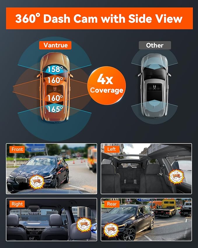 Vantrue N5 4 Channel WiFi 360° All Sides Dash Cam, STARVIS 2, IR Night Vision, 2.7K+1080P*3 Front Rear Inside Dashcam, Voice Control, GPS, 24 Hours Buffered Parking Mode Dash Camera, 512GB Max (N5)