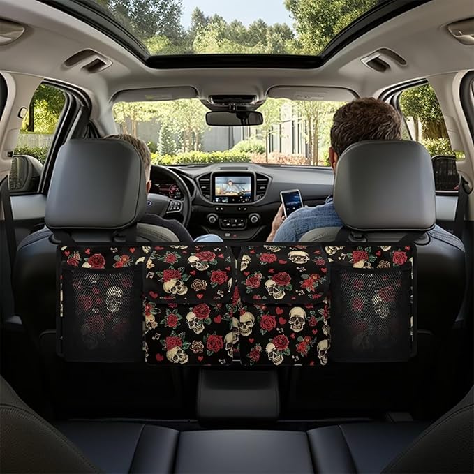 Skull Rose Car Trunk Organizer with 4 Storage Bags Hanging Waterproof Car Back Seat Organizer for SUV,Truck,Van Collapsible Cargo Bag