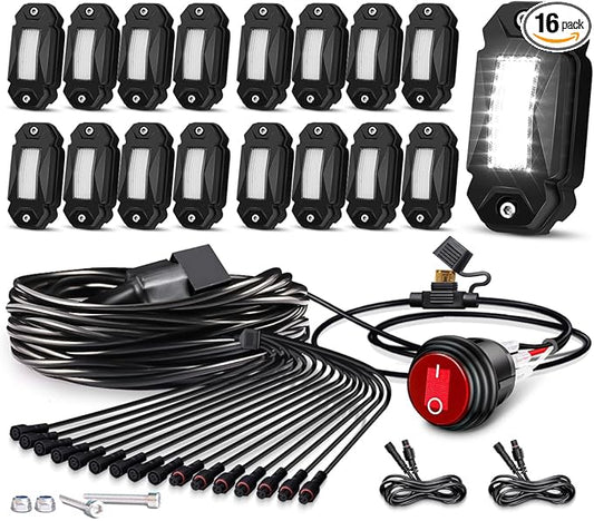 Rock Lights,LEDMIRCY R2 Pure White LED Rock Lights Kit 16PCS with Toggle Switch Wiring Harness Ultra Bright for UTV Trucks ATV Underglow Light Trail Rig Under Body High Power Waterproof