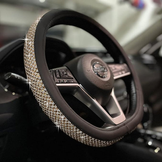 PINCTROT D Shaped Bling Comfy Steering Wheel Cover with Jumbo Crystal Rhinestones, Anti-Slip Diamond Leather, Flat Bottom 14.5-15 Inch (Gold)