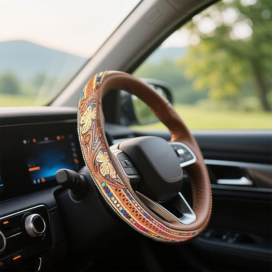 Retro Western Cowboy Car Universal Steering Wheel Cover, Embossed Handcrafted Tooled Leather Western,Anti Slip, Auto Interiors Accessories,Breathable for Trucks SUVs Cars (A)