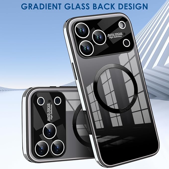 Guppy Compatible with iPhone 17 Pro Magnetic Case, with Full Camera Lens Protector [Compatible with MagSafe] Scratch Resistant Gradient Glass Back Cover Phone Case-Black