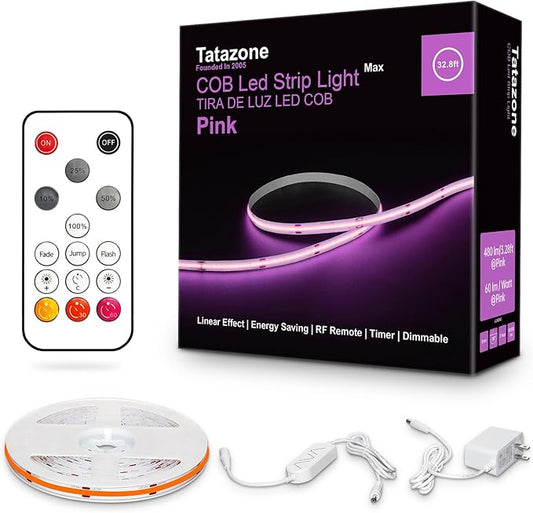 Tatazone 32.8ft Pink COB Led Strip Lights with RF Remote, Dimmable Bright Adhesive Indoor Led COB Light Strip for Cabinet, Painting, Room, Bed