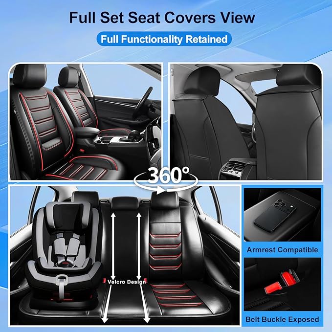 Fit Tahoe Car Seat Covers(2 Row 5 Seats) for Select Chevrolet/Chevy Tahoe 2000-2025 2026 - Full Coverage Leather, Waterproof & All Weather Seat Cushion Protector, Black with Red Trim