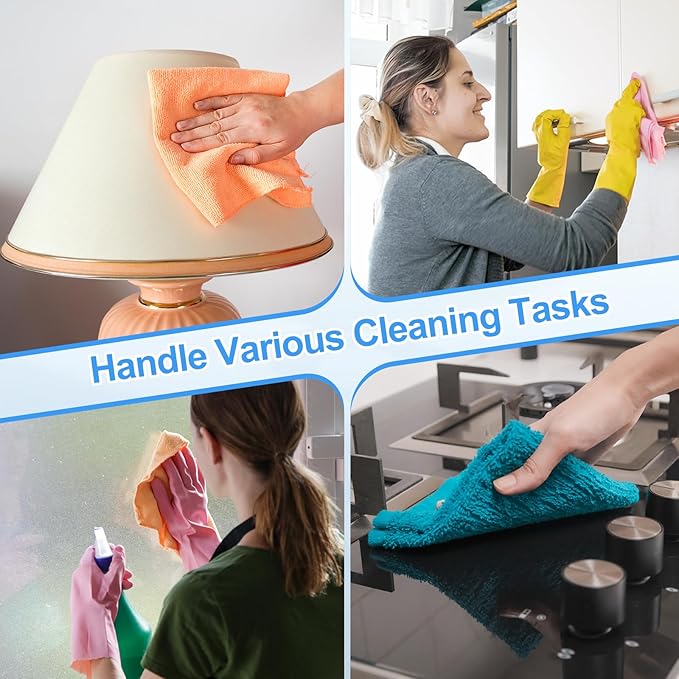 HARFINGTON 4 Pack Microfiber Cleaning Cloth, 14" x 14" Multi-Functional Cleaning Towels Reusable Absorbent Rags with Hook for Car Wash Kitchen Household Window Clean, Purple