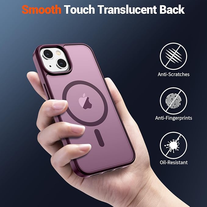 SUPFINE Magnetic for iPhone 15 Plus Case & iPhone 14 Plus Case(Compatible with MagSafe)(Military Grade Drop Protection) Slim Translucent Shockproof Phone Case,Wine Red
