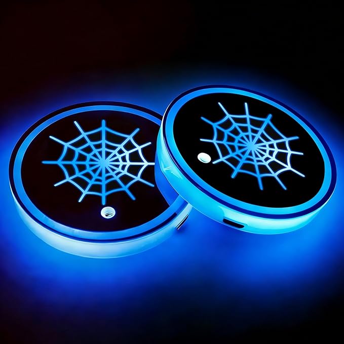 Spider Web LED Cup Holder Lights for Car,2Pcs LED Light Up Cup Holder Coasters with 7 Colors 3 Modes,Waterproof Interior Atmosphere Lamp,Car Decor Accessories Spider Gifts for Women Men