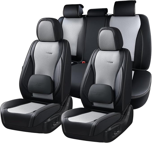 Coverado Car Seat Covers Full Set, Black Gray Seat Covers for Cars, Waterproof Nappa Leather Automotive Seat Covers with Lumbar Head Pillow, Car Seat Protectors, Universal Fit for Most Cars SUV