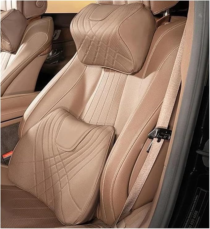 Car Pillow Car Headrest Pillow Set Sewing Leather Lumbar Waist Support Memory Foam Fit for Seat Neck Protctive Cushion Accessories Car Neck Pillow(F)