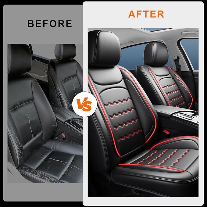 Car Seat Covers Compatible with Mazda 6 2007-2021, Full Coverage Premium Leather Waterproof Breathable Seat Covers, Automotive Seat Protectors, Airbag Compatible(2 Front Seats, Black & Red)