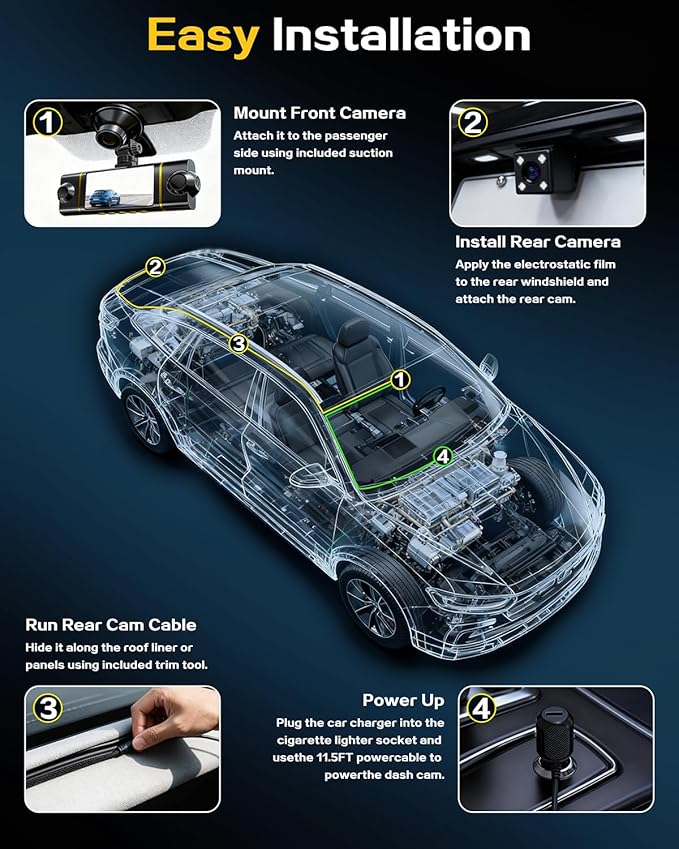 4 Channel 360° Dash Cam Front Rear Inside & Left Right,4K+1080P*3 FHD Car Camera,5GHz WiFi & App Control,8 IR Lamps Night Vision,24H Parking Mode,G-Sensor,Loop Recording,Includes 64GB SD Card（Black）
