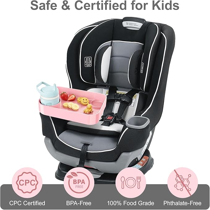 [2 Pack] Car Seat Snack Tray for Toddlers - 3 Inch Cup Holder Fits Most Sippy Cups & Straw Bottles with Dip Well, Mess-Free Square Kids Travel Tray Road Trip Essentials, Pink, 2