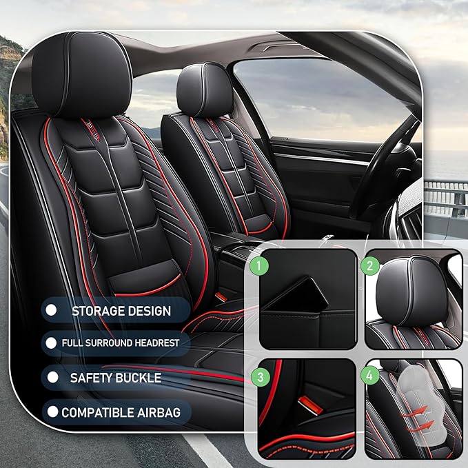 Leather Car Seat Covers Fit for Toyota Camry Solara 2004-2008, 5 Seater Car Seat Cover, Premium Waterproof, Scratch Resistant Car Interior Accessories (Full Set Black Red)