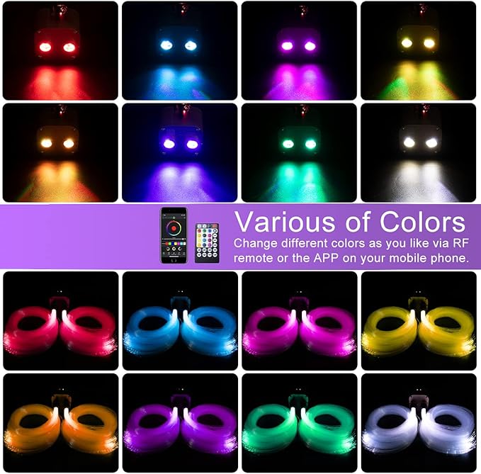 AKEPO Fiber Optic Star Ceiling Light Kit 20W Dual-Head RGBW Twinkle+APP+Sound Activated 830pcs of 13.1ft/4m Mixed Fiber Optic Strands for Car Headliner Star/Room