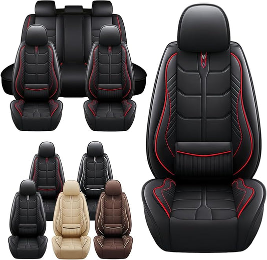 Leather Car Seat Covers Fit for Toyota Corolla Hybrid 2020-2024, 5 Seater Car Seat Cover, Premium Waterproof, Scratch Resistant Car Interior Accessories (Full Set Black Red)