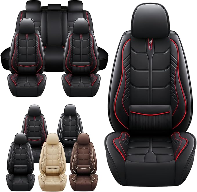 Leather Car Seat Covers Fit for Toyota RAV4 Hybrid 2016-2024, 5 Seater Car Seat Cover, Premium Waterproof, Scratch Resistant Car Interior Accessories (Full Set Black Red)