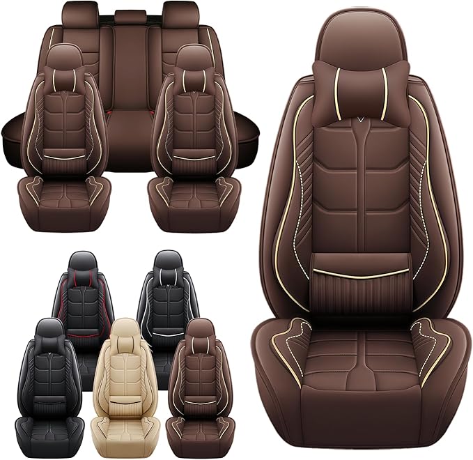 Leather Car Seat Covers Fit for Toyota Prius c 2012-2019, 5 Seater Car Seat Cover, Premium Waterproof, Scratch Resistant Car Interior Accessories (Full Set with Pillow Coffee)