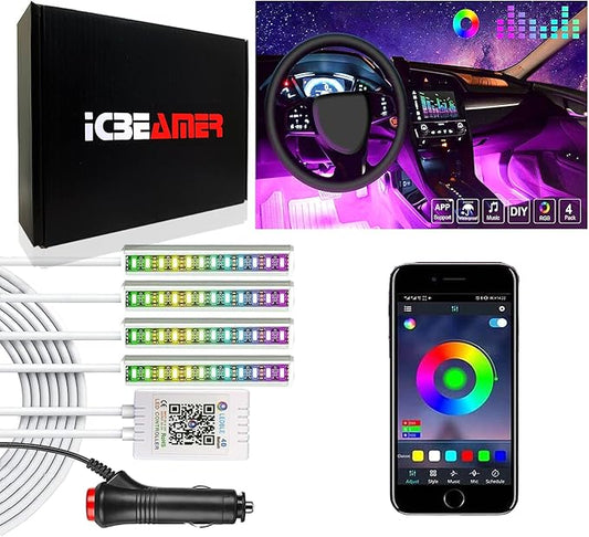 ICBEAMER RGB Interior Car Lights - Interior LED Strip Smart Phone Control APP Color Floor Matt Light w/Sound Active Function Atmosphere Under Dash/Seat Car Charger DC 12V Lighting Kit
