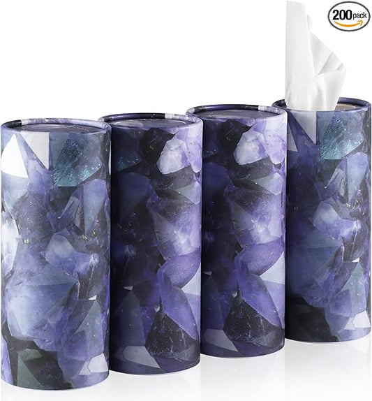 SINGARO Car Tissue Holder, 4 Pack Car Cup Holder Facial Tissues with Travel Tissue Bag, Quick and Convenient Flower Combination Box(4 Canisters/200 Tissues) Purple