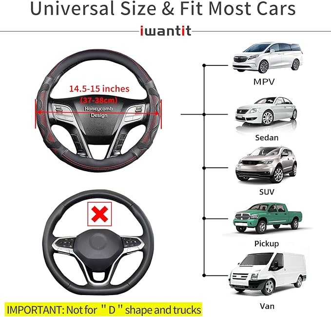 Iwantit® Steering Wheel Cover with 3D Honeycomb Anti-Slip Design and Breathable Fabrics, Universal 14.5-15 Inch (Red/Black)