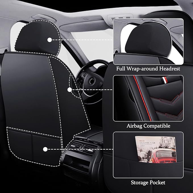 Car Seat Cover for Ford Explorer 2000-2025, Waterproof Durable Compatible Airbag, Premium Leather Seat Protector(2 Seats Standard,Black Red)