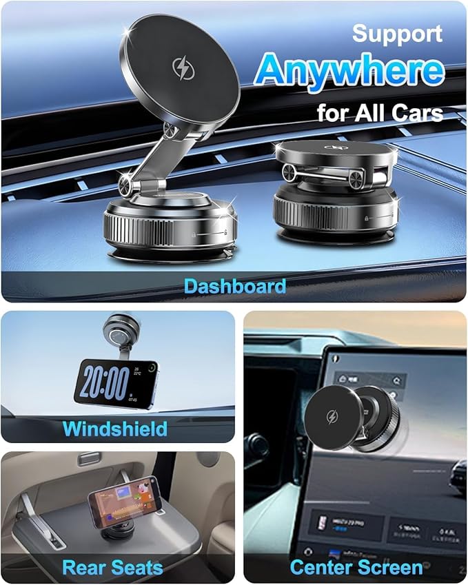 Vacuum Magnetic Phone Holder‌ - 360° Adjustable ‌Magsafe Car Mount‌, Foldable ‌Car Phone Holder‌ with Strong ‌Suction Cup Mount‌