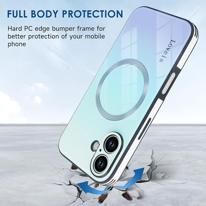 Guppy Compatible with iPhone 16 Plus Case Magnetic, with Full Camera Lens Protector [Compatible with MagSafe] Scratch Resistant Gradient Glass Back Cover Phone Case-Blue