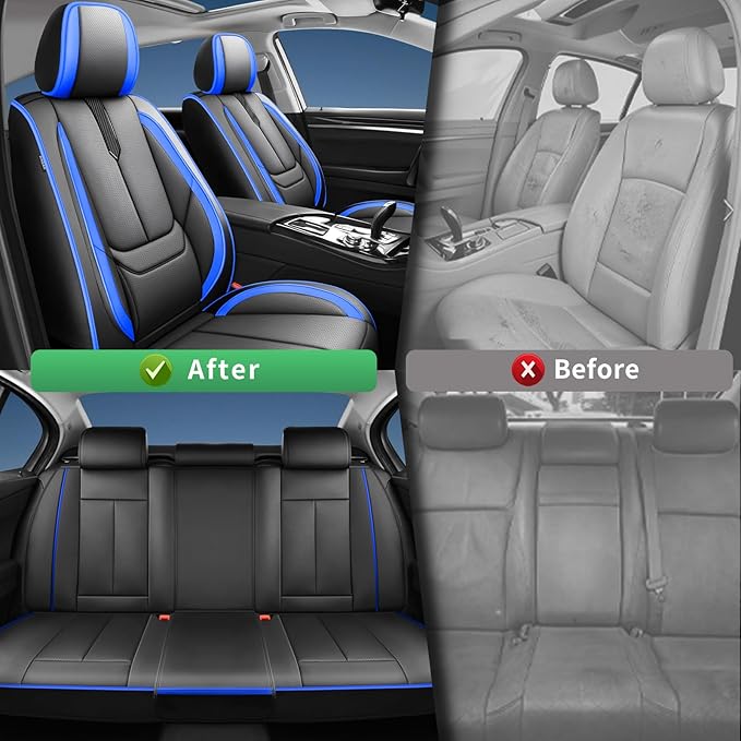 Fit Prius Car Seat Covers for Toyota Prius 2001-2024 2025 2026 -Upgraded Premium Waterproof & Breathable Leather,Airbag Compatible,All-Weather Seat Cushion Protector,2 Front/Black-Blue