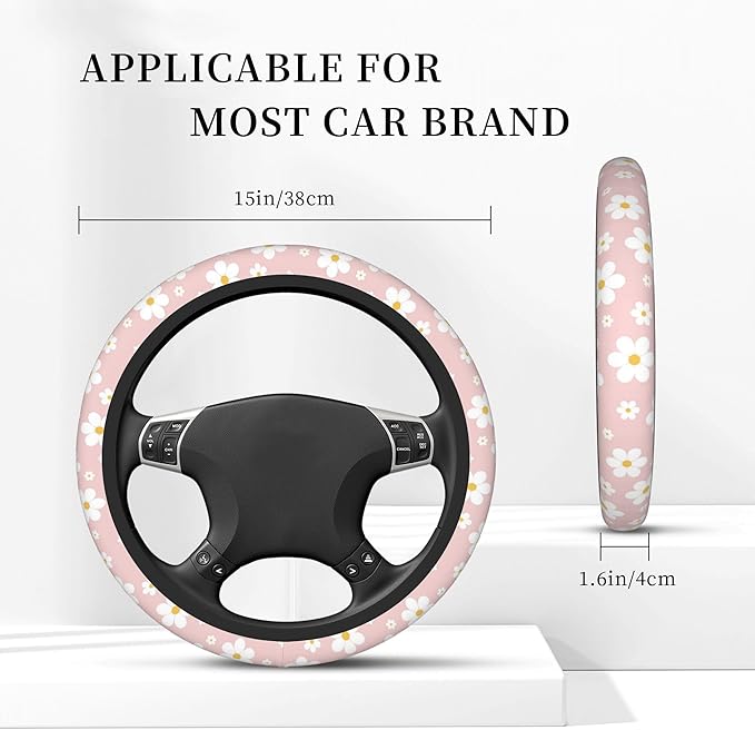 Car Steering Wheel Cover,Pink Flower Universal Non Slip Wheel Protector 15 Inch Elastic Car Accessories for Men Women