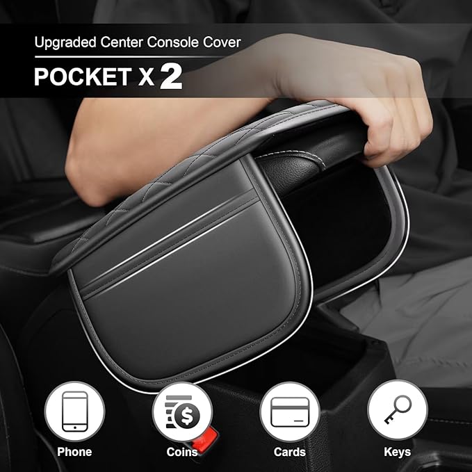 Upgraded Car Center Console Cover Fit for Land Cruiser Faux Leather Car Armrest Cover Cushion with 2 Storage Bags,Car Armrest Storage Box Interior Accessories(Grey&Whiteline)