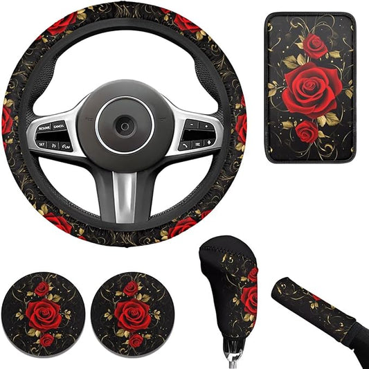 Red Rose 6pcs Car Steering Wheel Cover Set Flower Print Cup Coaster Handbrake Gear Cover Car Interior Accessories Fit Vans Trucks,SUV
