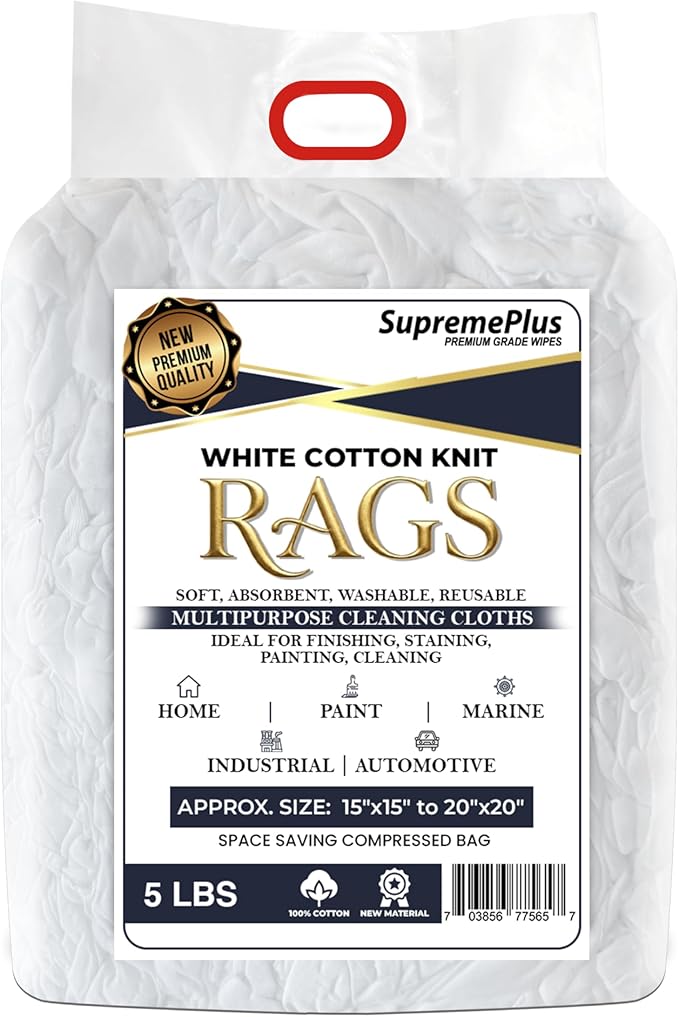 Premium New White Cotton Knit T-Shirt Rags (5 lbs. Bag of Rags) - Lint-Free, Soft & Absorbent Cleaning Cloths for Auto, Paint, Garage, Staining & Polishing