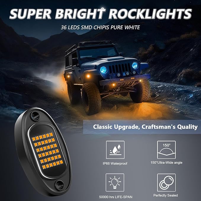GSRECY Rock Lights Ultra Bright LED Neon Underglow Lights Waterproof for Trucks Pickup SUV UTV ATV RZR Car Boats Motorcycle (Yellow, 8 Pods)
