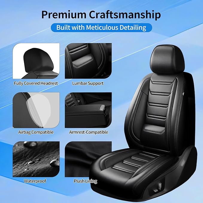 Fit CX-5 Car Seat Covers (Front Pair) for Select Mazda CX5 2013-2024 2025 2026 - Premium Full Coverage Leather, Airbag Compatible, Waterproof & All Weather Seat Cushion Protector, Black