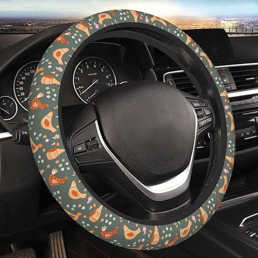 Chicken Cartoon Flowers Steering Wheel Cover for Women Elastic Rubber Steering Wheel Universal 15 Inch Fit for Cars, Auto, SUVs