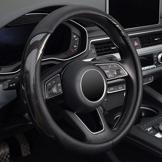 KAFEEK Carbon Fiber Steering Wheel Cover, Universal 15 inch, Anti-Slip, Odorless,Black