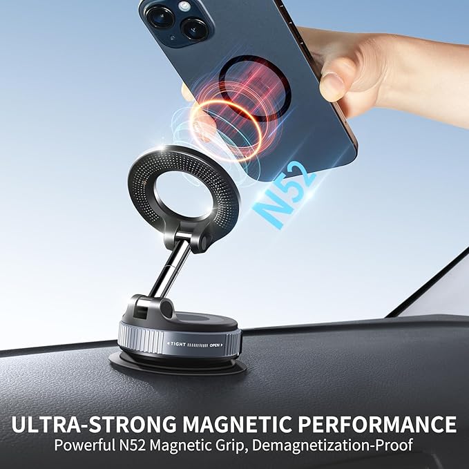 ILKCC Vacuum Suction Magnetic Phone Holder, 2025 Upgraded Vacuum Suction Cup Mount for Magsafe, 360° Adjustable Foldable Portable Magnetic Car Phone Stand for Cars/Gyms/Mirrors/Smooth Surface (White)