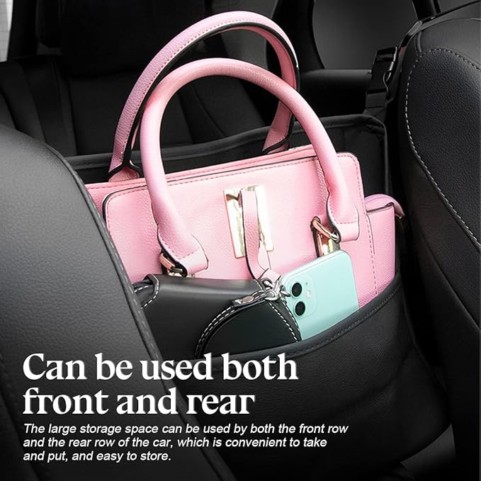 XINLIYA Car Handbag Holder Between Seats, PU Leather Multi-Pocket Large Capacity Purse Holder, Auto Net Bag Barrier of Backseat Pet Kids, Car Seat Organizers and Storage for Cargo Tissue Cup（Beige）