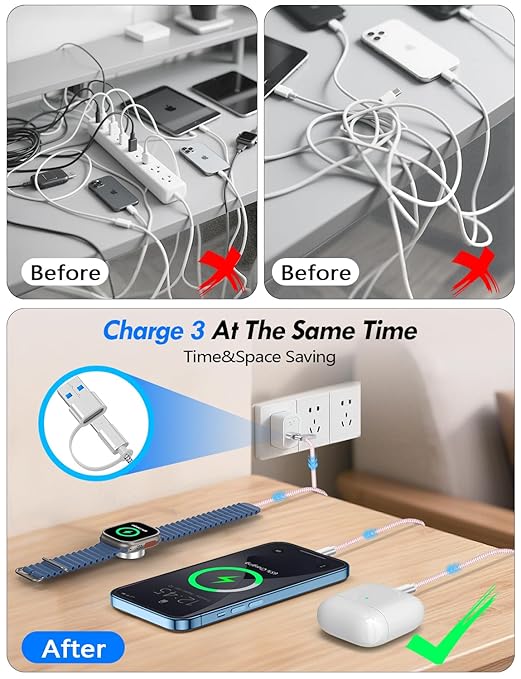 1Pack Multi Charging Cable Cord for Travel Essentials,Apple Watch Charger,iPhone Charger,[3-in-2] Type C/Lightning Cable Portable Designed for iWatch,iPhone 17-8,Galaxy S25-21,AirPods,iPad-1.5M Pink