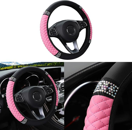 Bling Car Steering Wheel Cover, 15 Inch Rhinestones Soft Leather Elastic Steering Wheel Protector, Sparkly Crystal Diamond for Women Girls, Car Interior Accessories for Most Cars (Pink)