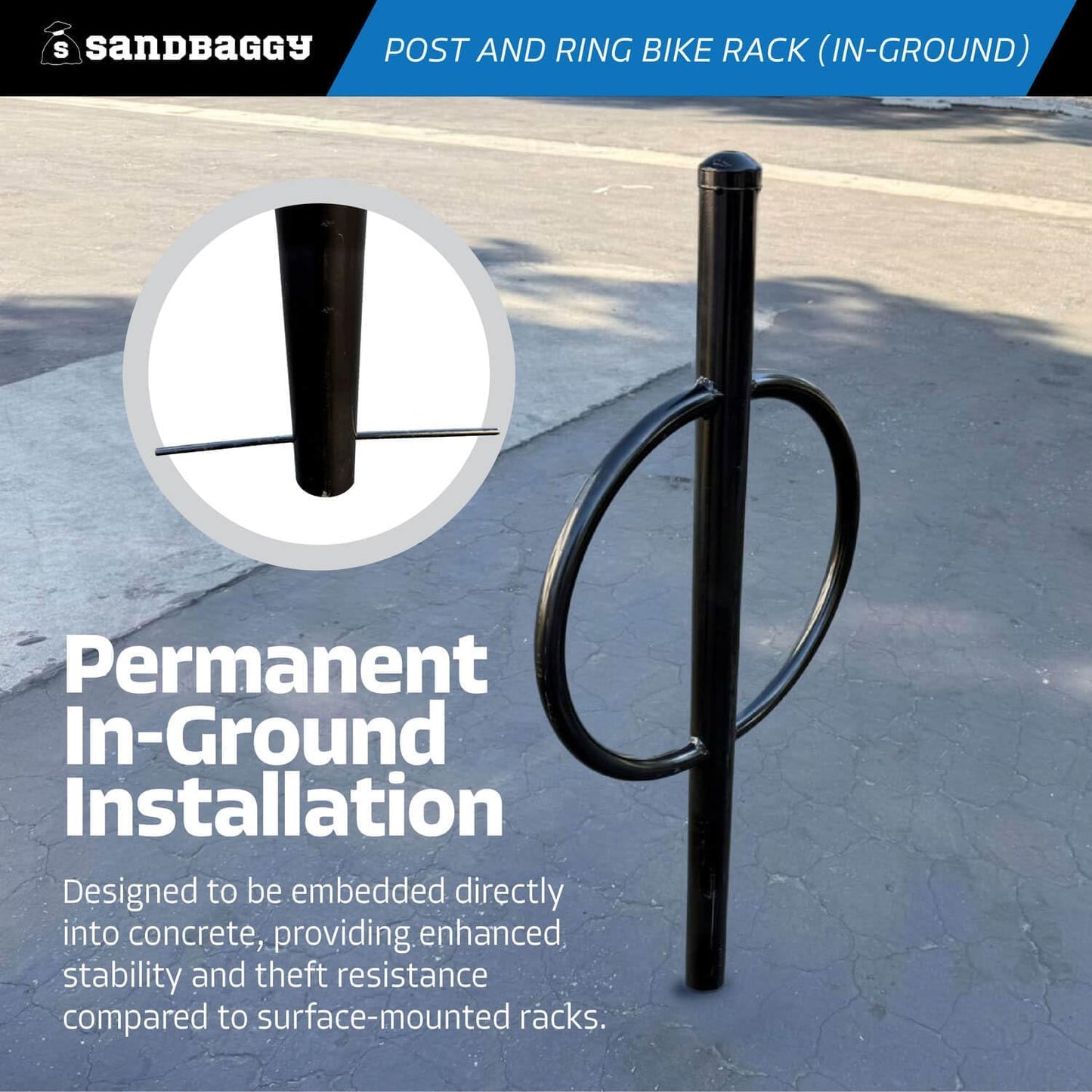Sandbaggy Post and Ring Rack - In Ground - Commercial Outdoor Bike Parking & Storage Racks (Blue, 10)