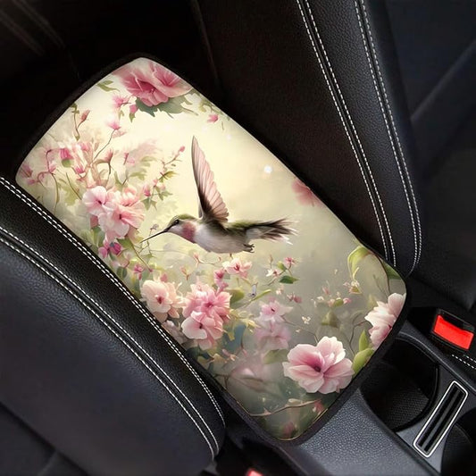 Flower Hummingbird Armrest Cover Pad for Car Soft Car Center Console Cushion Pad, Protect from Pet Claws, Sticky Fingers, Hummingbird Automotive Accessories