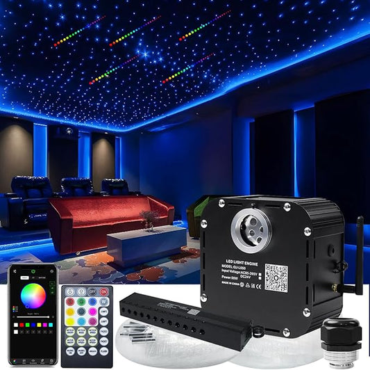 AZIMOM High Brightness 50W Twinkle Fiber Optic Starlight Kits1000pcs*0.03in*16.4ft Fiber Strands, RGB Meteor Shooting Star Sound Activated APP/Remote Control Theater Ceiling Home Shop Roof Decor