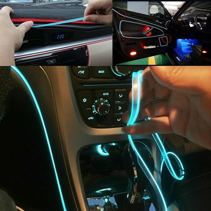 Riloer El Wire Lights for Car, Interior Neon Lights Strip Car LED Strip Light Interior for Car Garden Party Decoration, Car Ambient Lighting Kits, 5m/16.4ft Ice Blue LED
