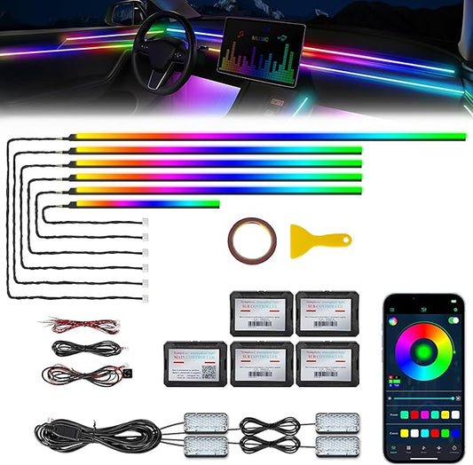 Acrylic Interior Car LED Strip Light with Wireless APP, RGB Dreamcolor 10 in 1 with 175 inches 600 LEDs Fiber Optic Strip Lights for Car, Dynamic Chasing Sound Active Neon Car Ambient Lighting Kits
