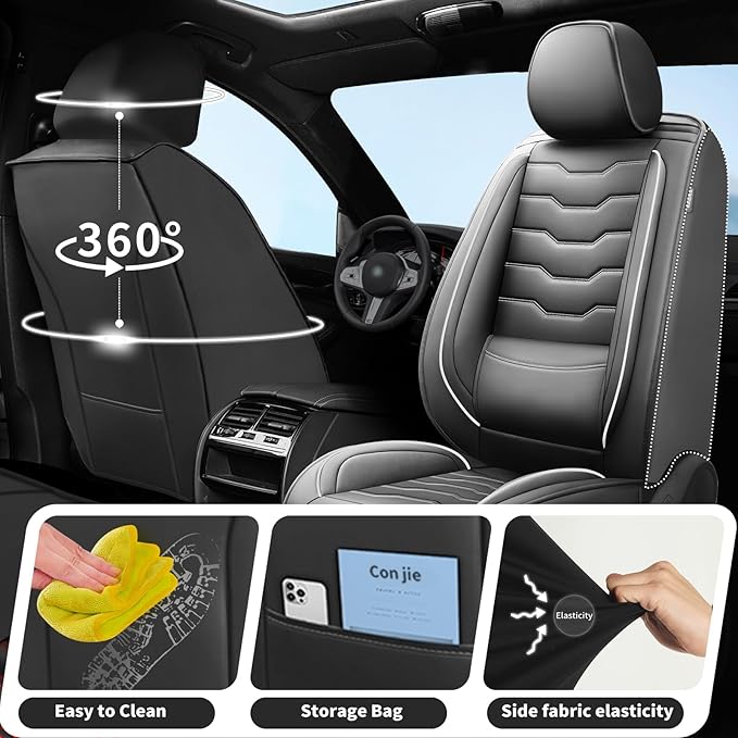 Fit CRV Car Seat Covers Premium Leather for Honda CRV cr-v 2011-2025 2026. Waterproof， Breathable, Scratch-Resistant & All-Weather Seat Cushion Protector (Front Seat,White Line Black)